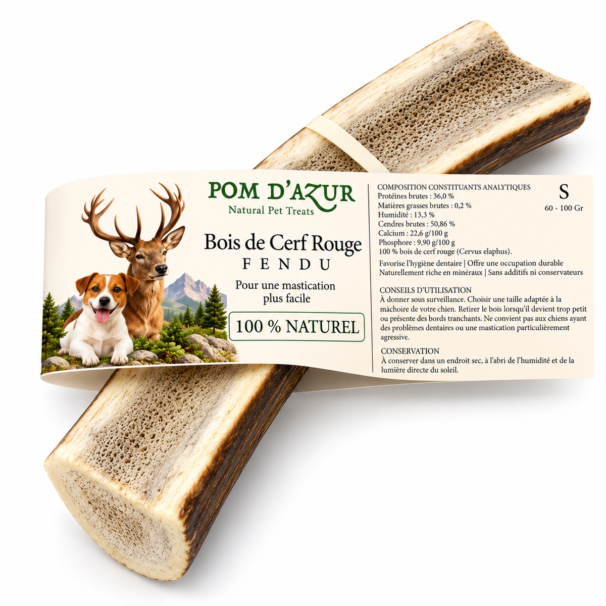 Bois de Cerf Fendu pour Chien 100% Naturel Pom d'Azur