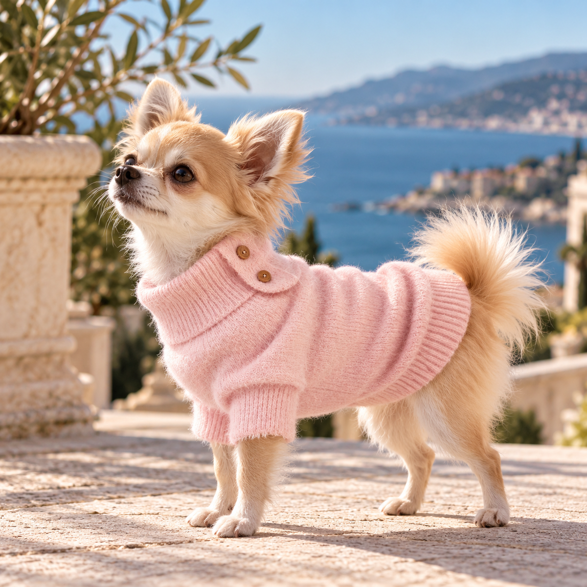 Pull pour Chien Rose Poudré Maille Premium Effet Cachemire par PAIKKA chihuahua