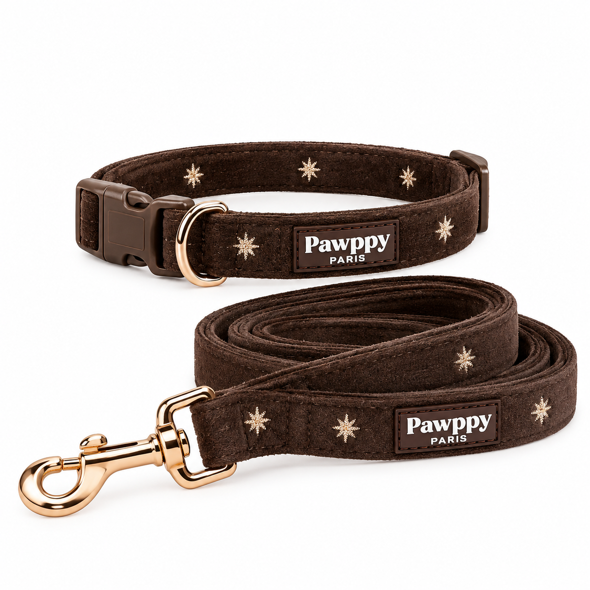 Collier &amp; Laisse pour Chien Moka – Velours Chocolat &amp; Broderies Étoilées Pawppy Paris
