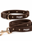 Collier & Laisse pour Chien Moka – Velours Chocolat & Broderies Étoilées Pawppy Paris