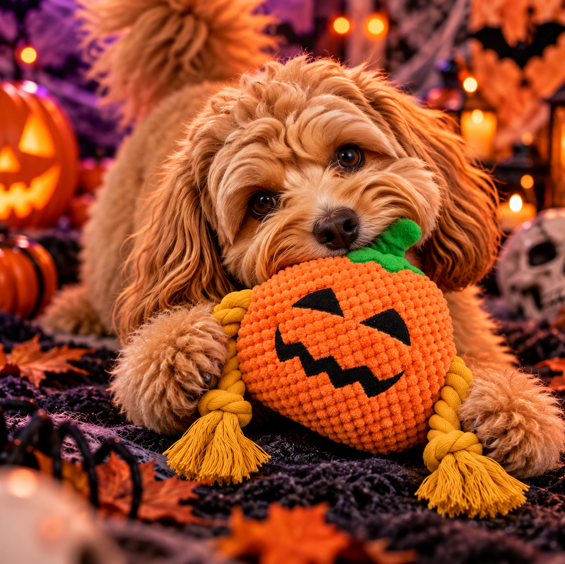 
Jouet pour Chien Citrouille Halloween – Peluche &amp; Cordes à Mâcher
