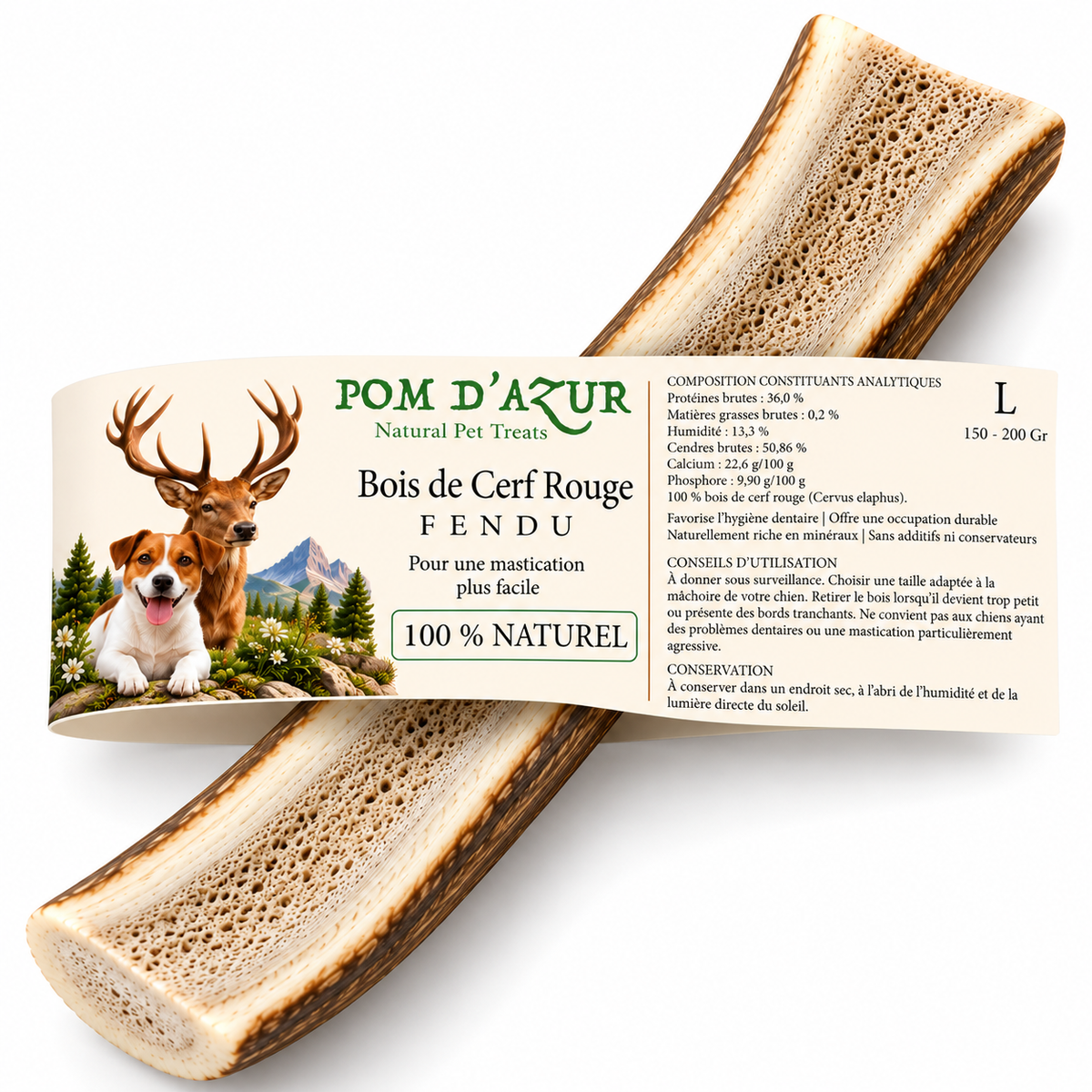 Bois de Cerf Fendu pour Chien 100% Naturel Pom d'Azur
