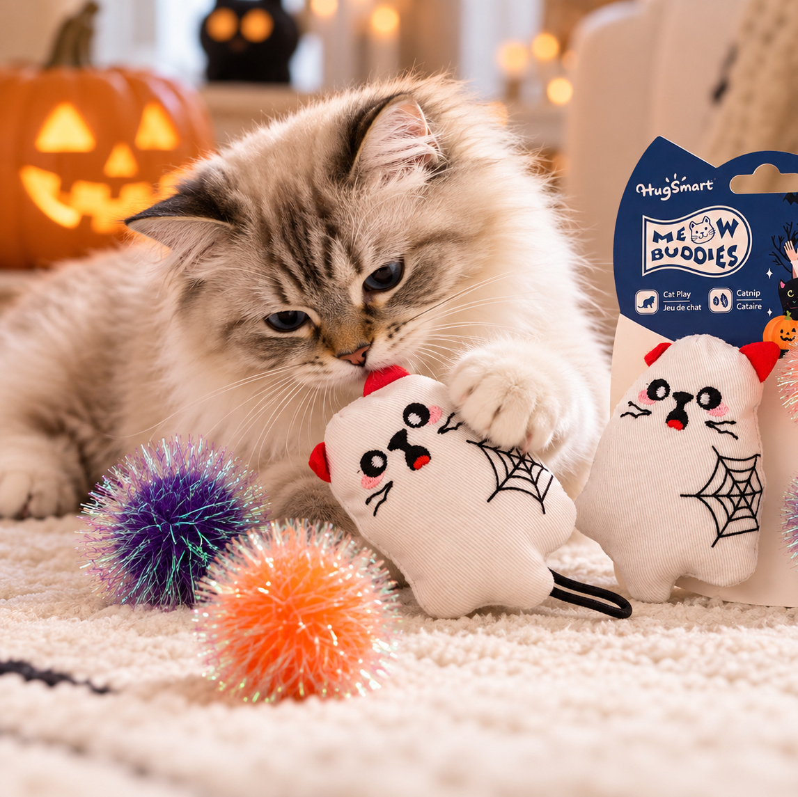 Jouet pour Chat Halloween Meow Buddies – Fantôme &amp; Pompons Catnip