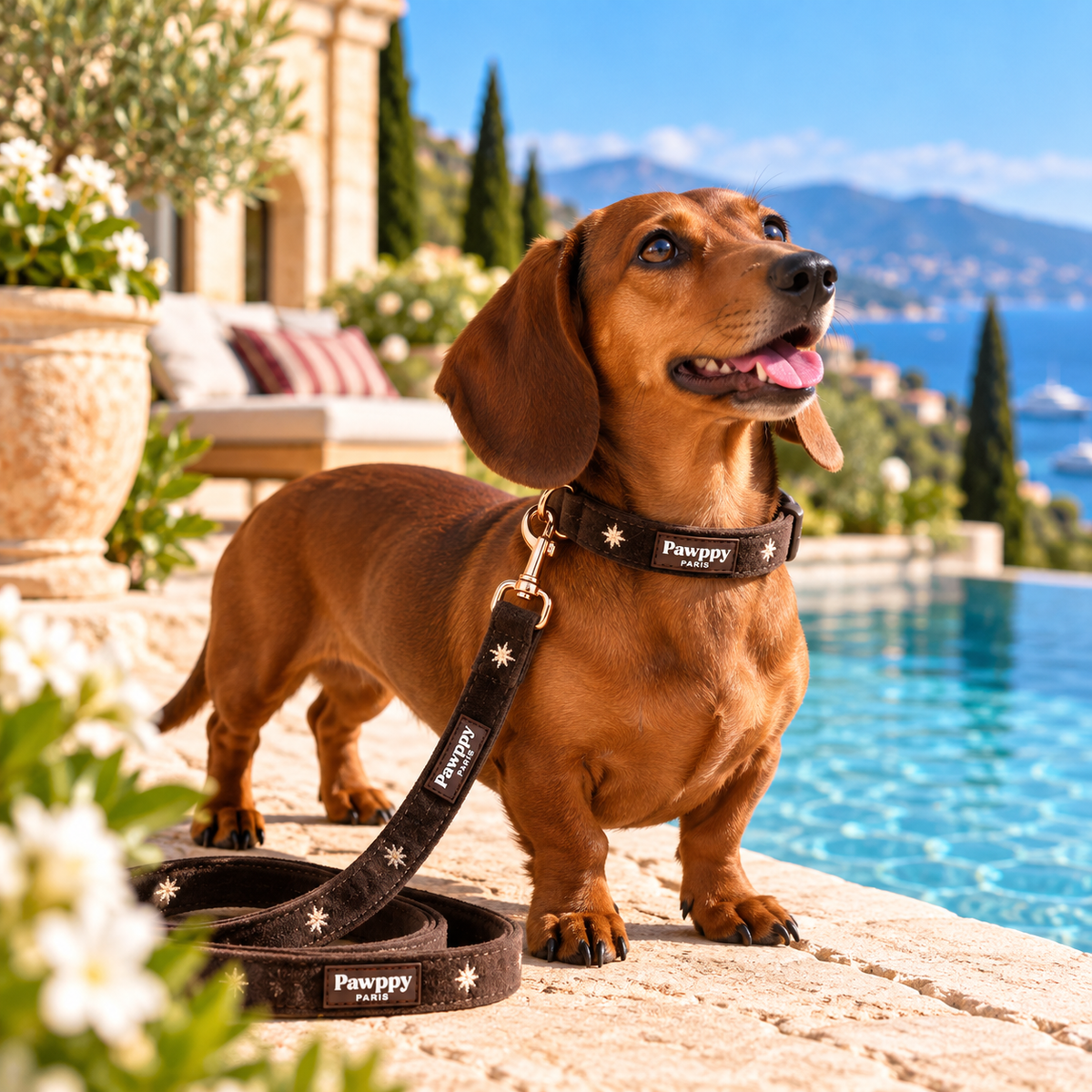 Collier &amp; Laisse pour Chien Moka – Velours Chocolat &amp; Broderies Étoilées Pawppy Paris