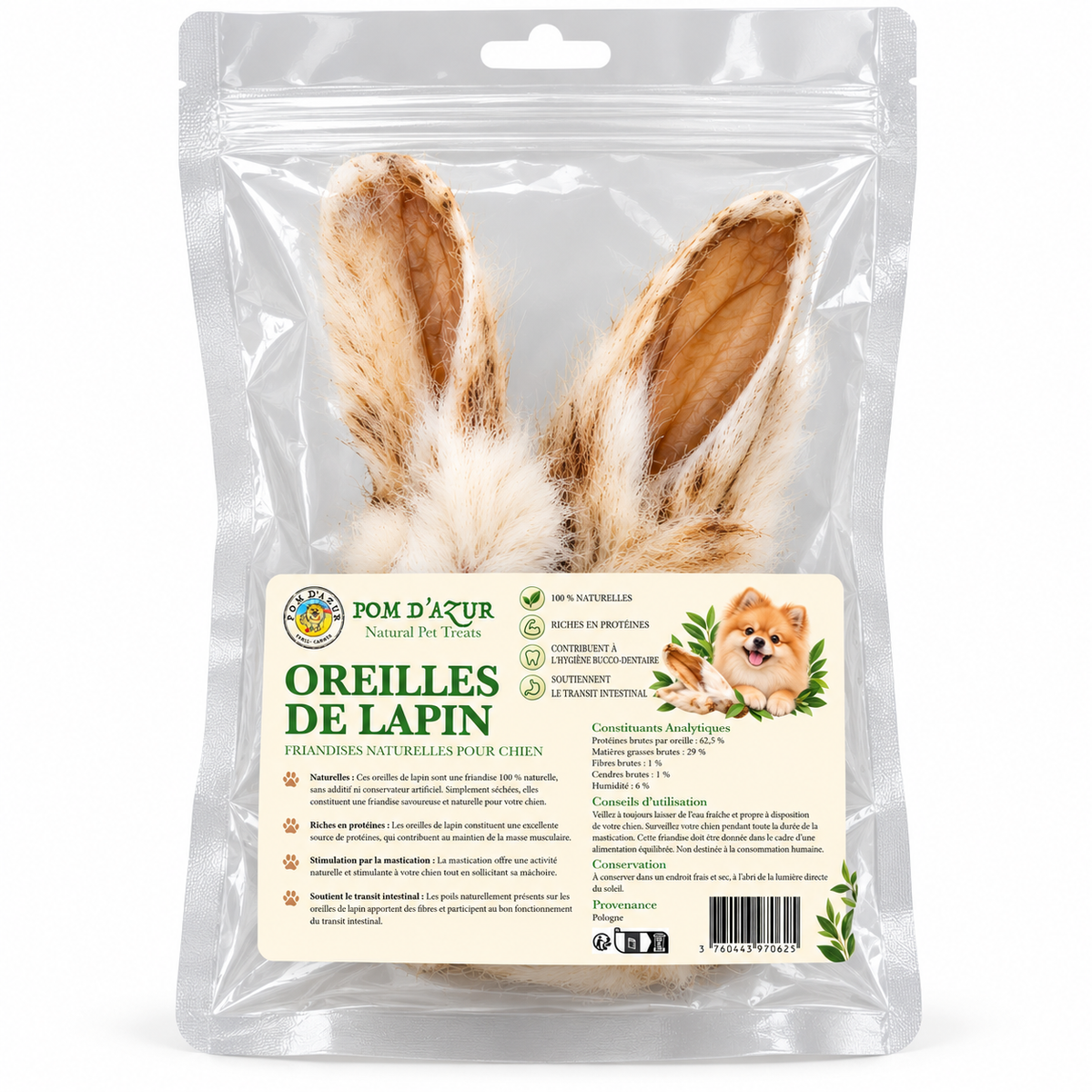 Oreilles de Lapin avec Poils - Friandises Naturelles à Mâcher pour Chien Pom d'Azur
