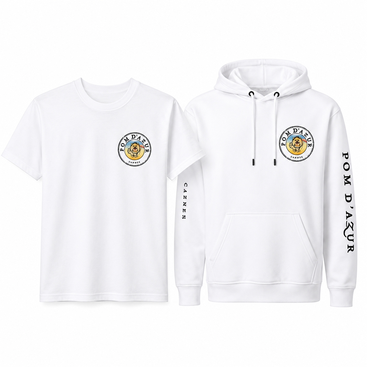 Collection Pom d’Azur Cannes – T-Shirt &amp; Sweat à Capuche Blancs