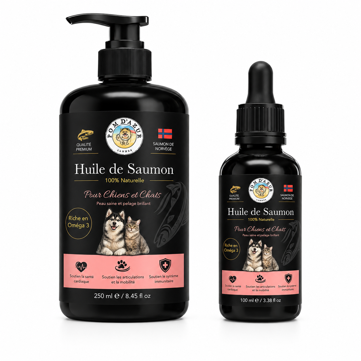 Huile de Saumon de Norvège 100 % Pure pour Chien &amp; Chat – Riche en Oméga-3 (EPA &amp; DHA)
