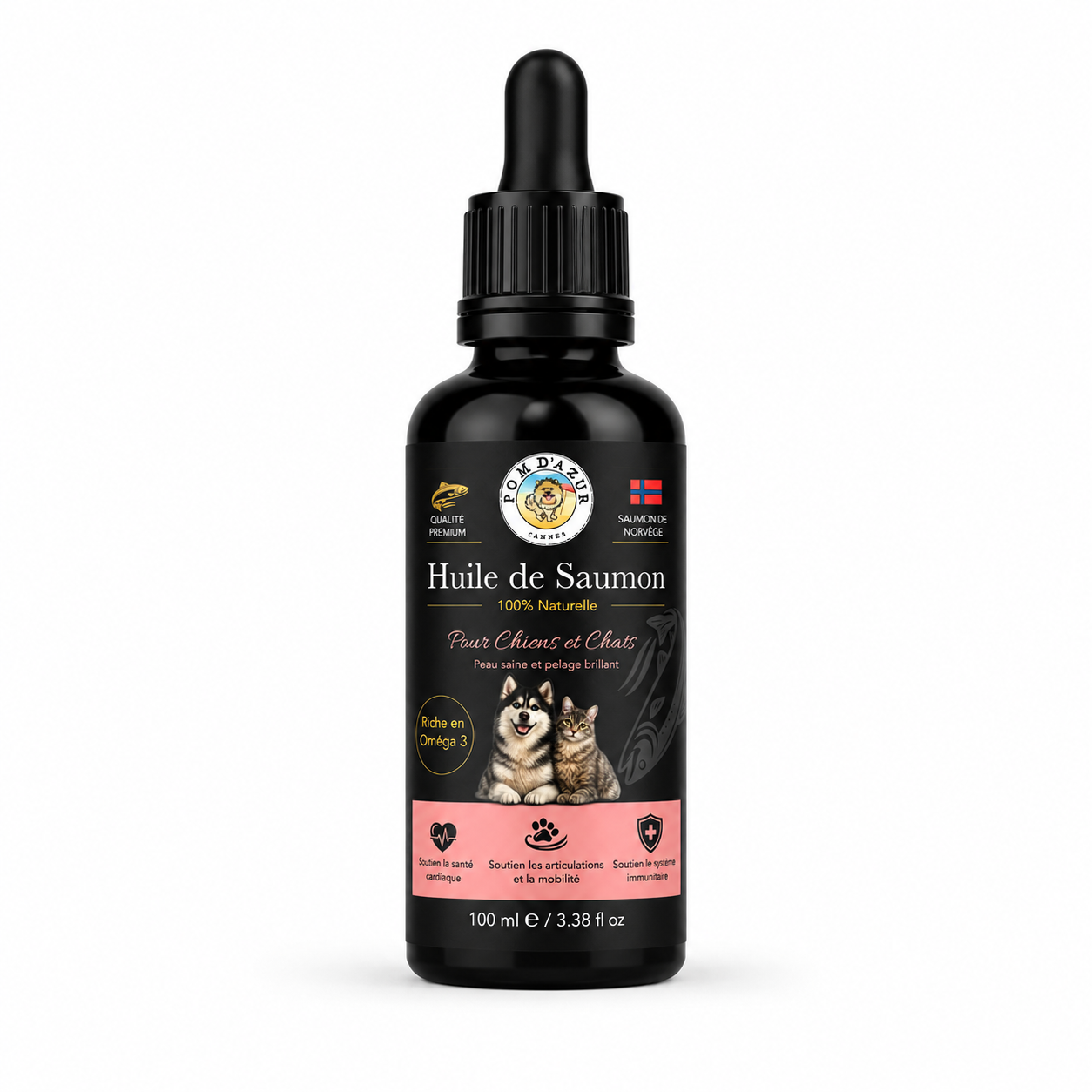 Huile de Saumon de Norvège 100 % Pure pour Chien &amp; Chat – Riche en Oméga-3 (EPA &amp; DHA) 100ml