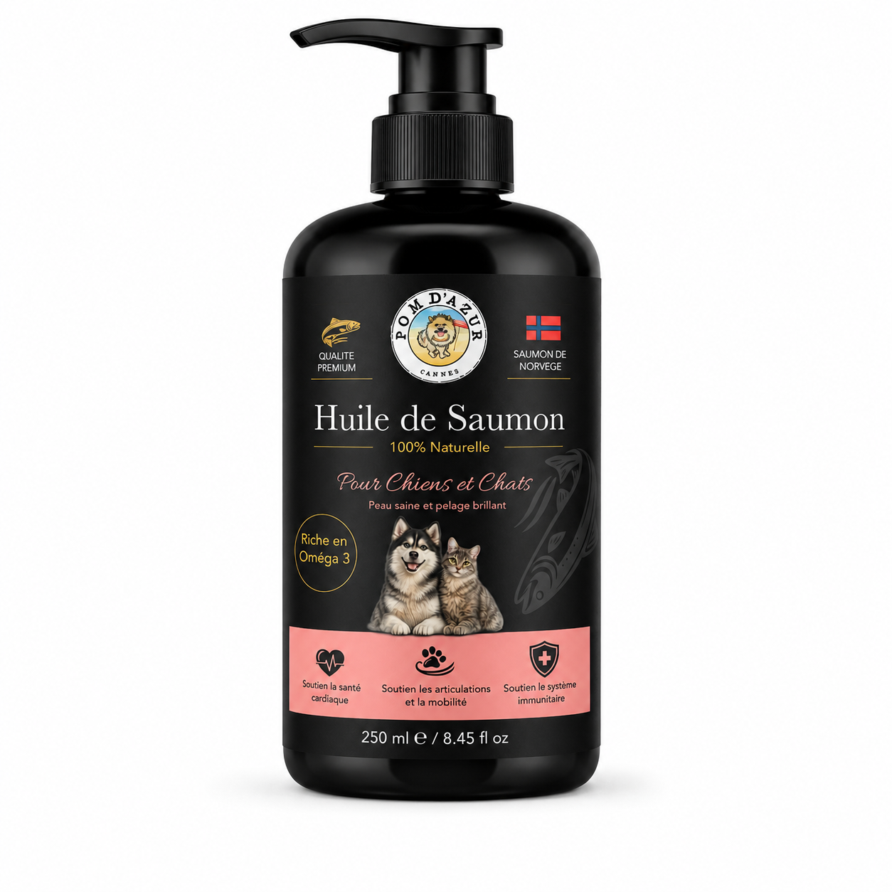 Huile de Saumon de Norvège 100 % Pure pour Chien &amp; Chat – Riche en Oméga-3 (EPA &amp; DHA) 250ml