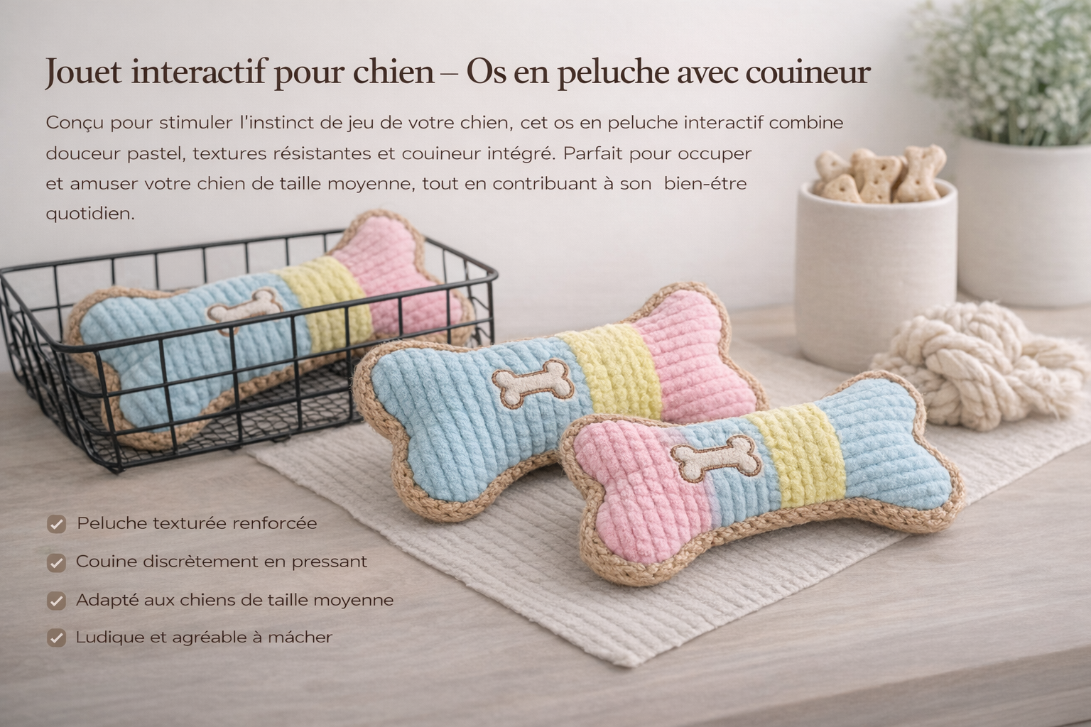 Jouet interactif pour chien – Os en peluche avec couineur