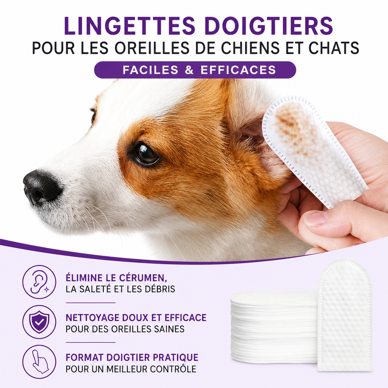 Lingettes Doigtiers Multi-Usages pour Chien &amp; Chat Oreilles, Dents et Coussinets