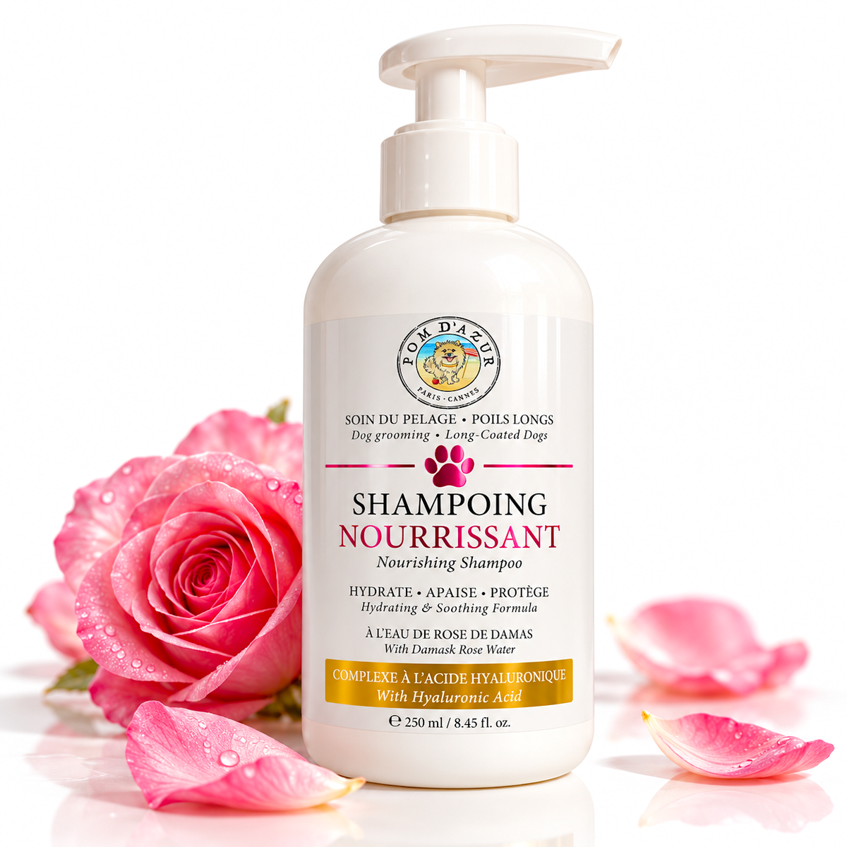 Shampoing Nourrissant Chien à la Rose de Damas &amp; Acide Hyaluronique  'Hydratation Intense Poils Long'  Pom d'Azur ®