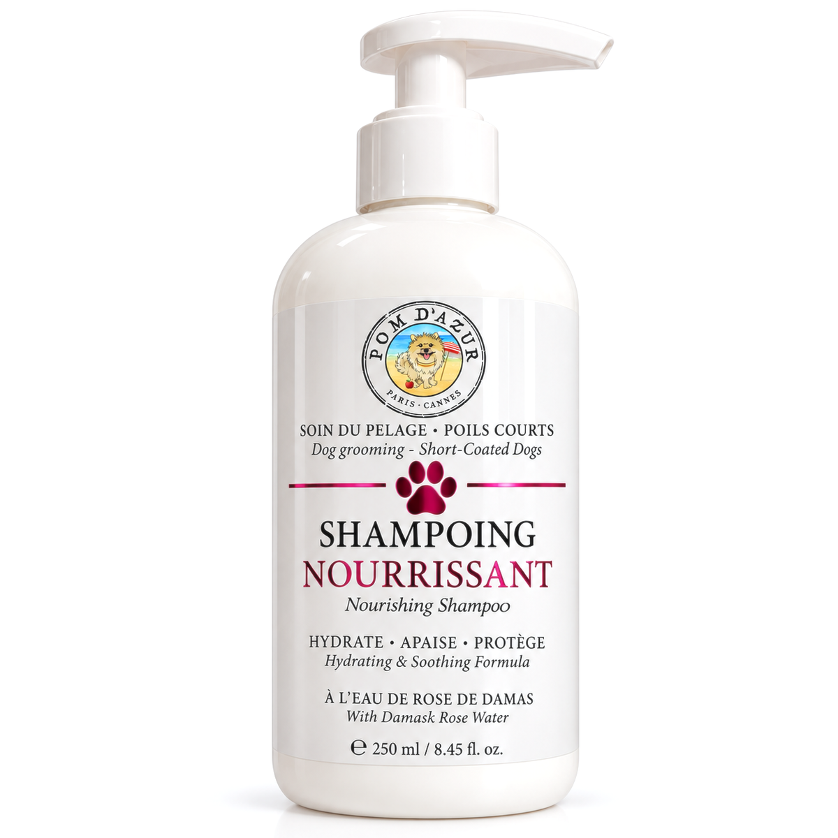 Shampoing Nourrissant Chien à la Rose de Damas 'Hydratation Intense Poils Courts' Pom d'Azur