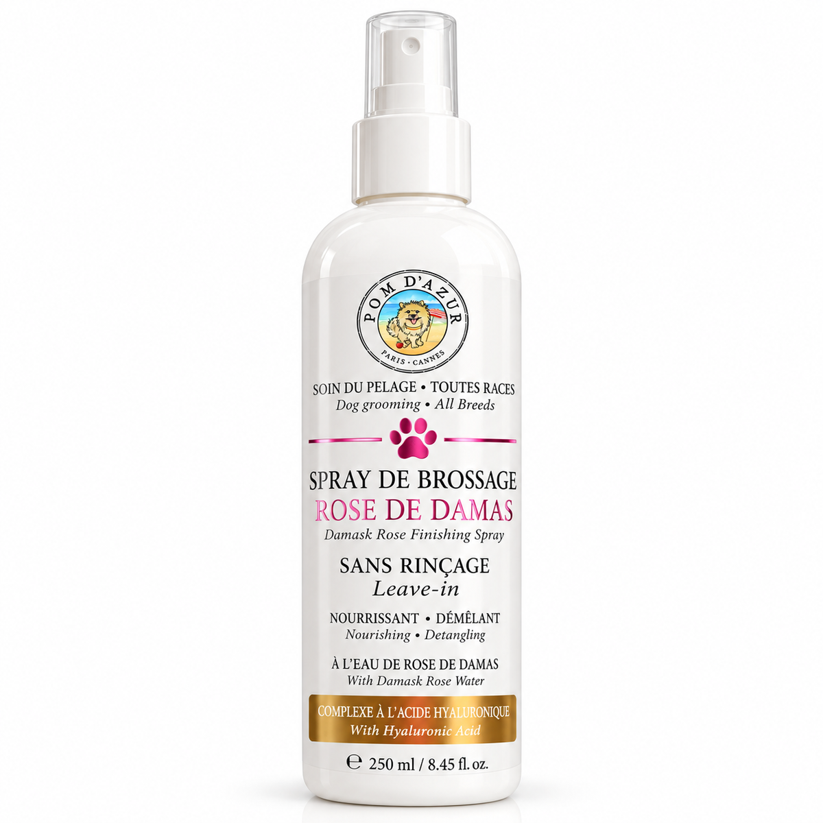 Spray Démêlant Sans Rinçage Chien à la Rose de Damas &amp; Acide Hyaluronique Pom d'Azur
