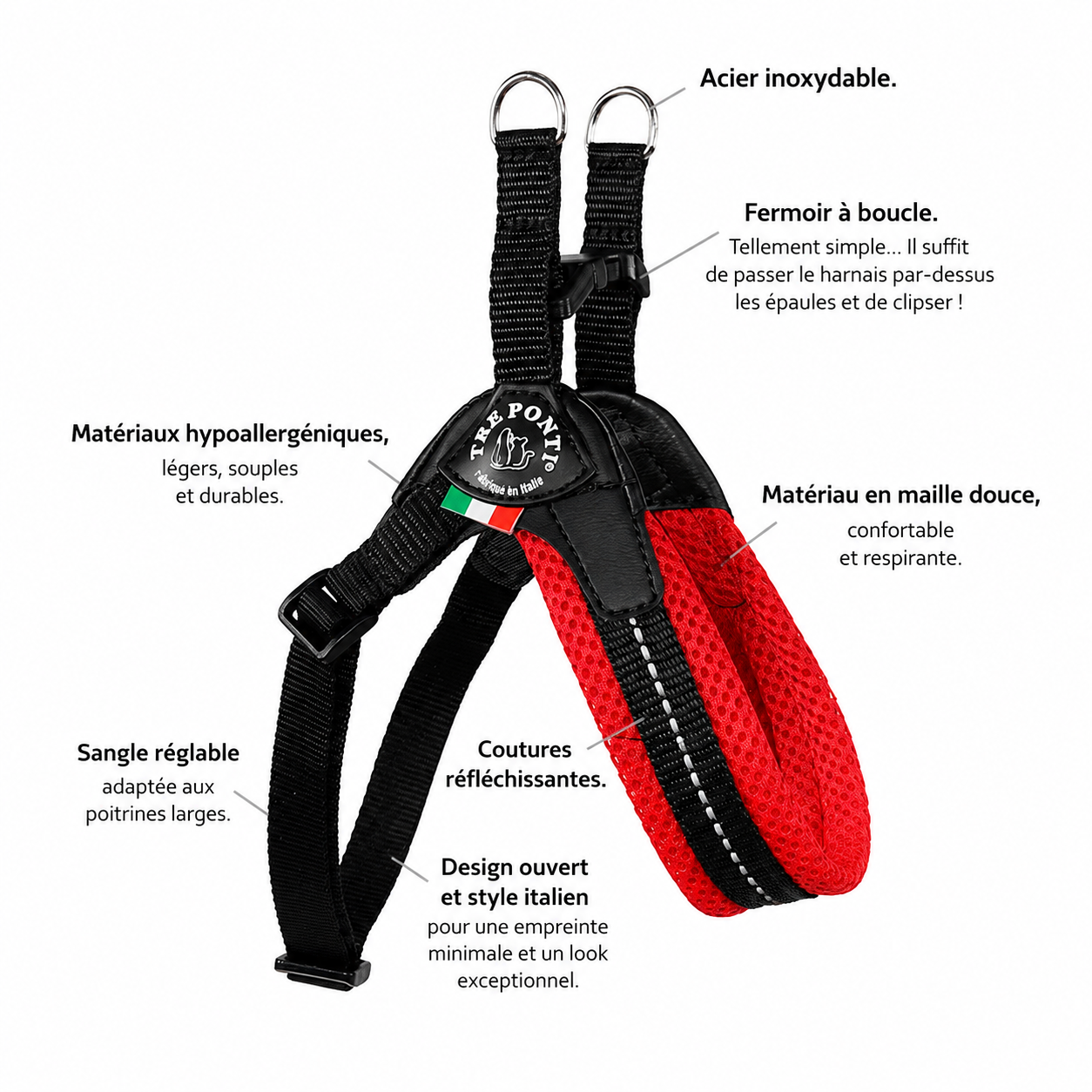Harnais pour chien Rouge Mesh Tre Ponti descriptif