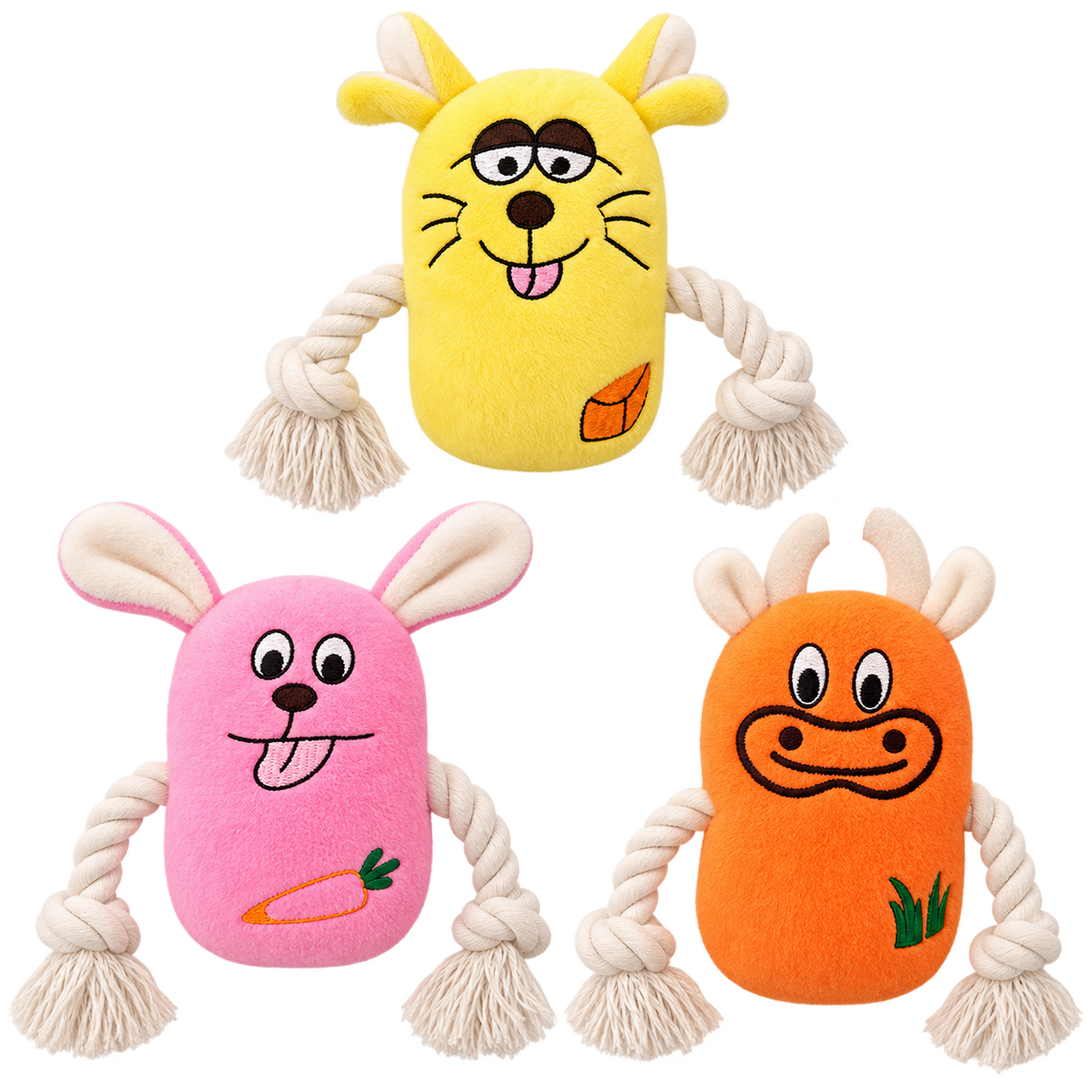 Trio de Jouets en Peluche & Corde pour Chien – 3 Animaux Colorés Pom d'Azur