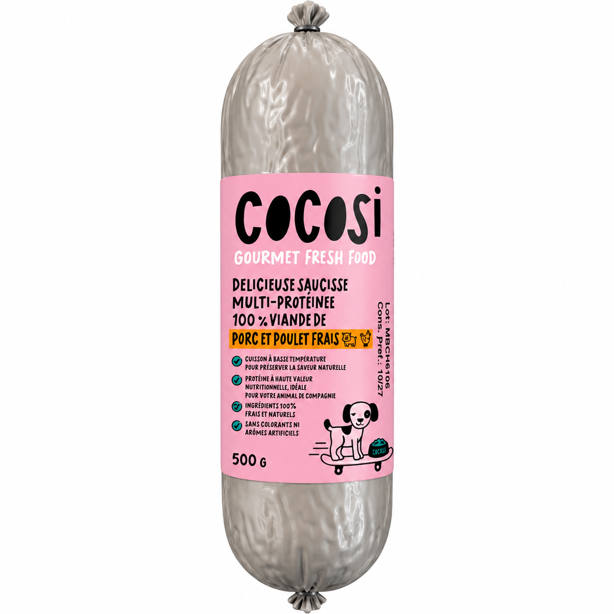 Saucisse Fraîche Porc &amp; Poulet pour Chien  Cocosi 500 g
