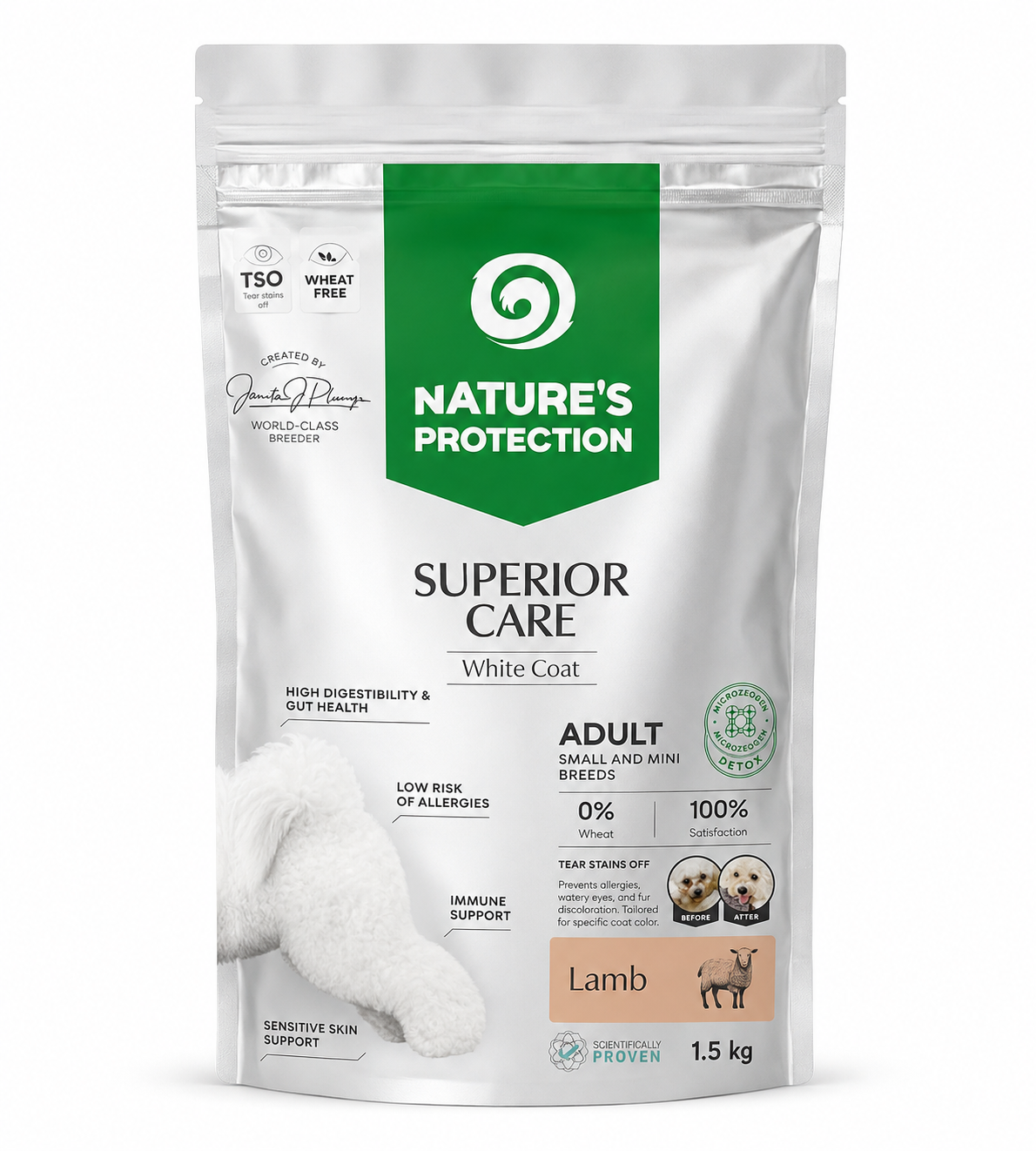 Nature's Protection Superior Care White Dogs Grain Free Hypoallergenic Lamb Junior &amp; Adult Small Breeds Dry Dog Food 1.5kg
