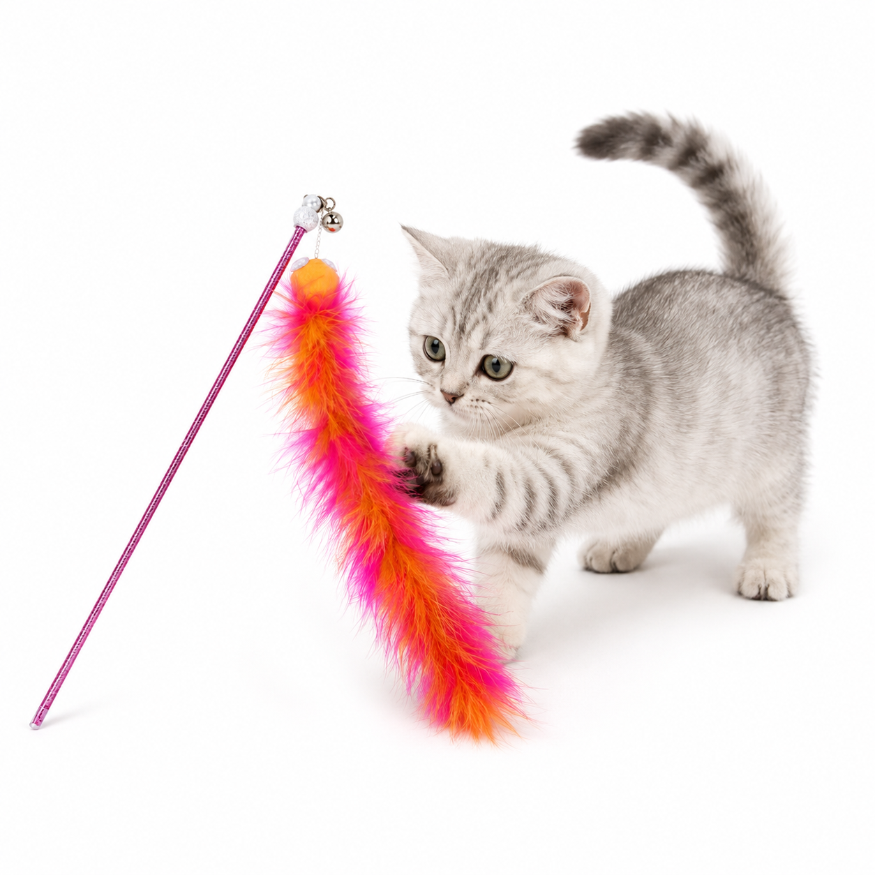 Canne à Plumes pour Chat – Rose &amp; Orange avec Grelot