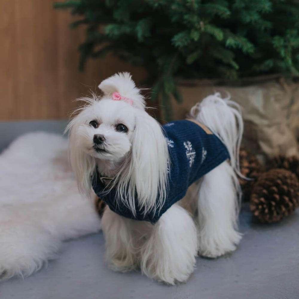 Pull Pour Chien ASPEN SNOWFLAKE Navy par Bowl & Bone - Pom D'Azur