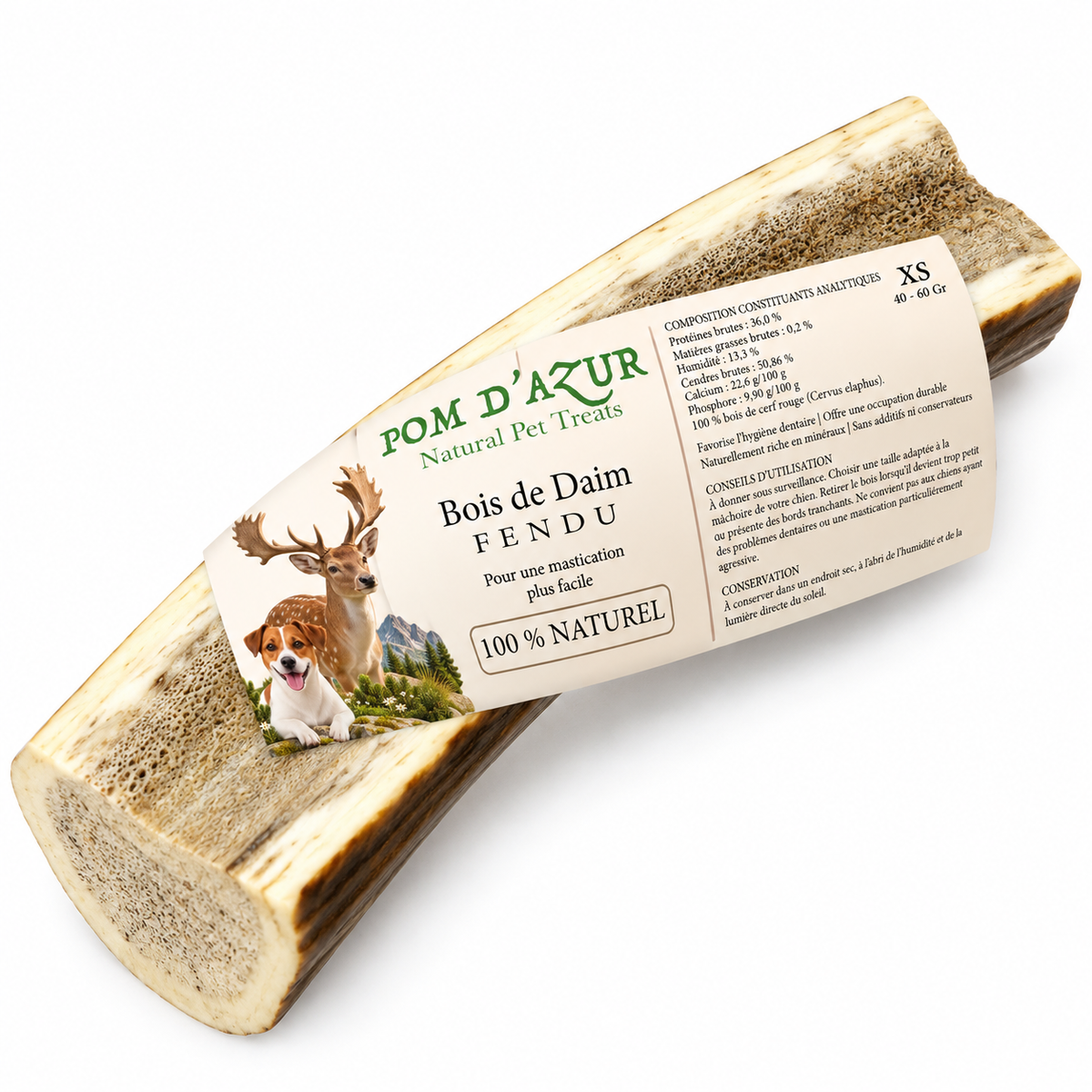 Bois de Cerf Fendu pour Chien 100% Naturel Pom d'Azur