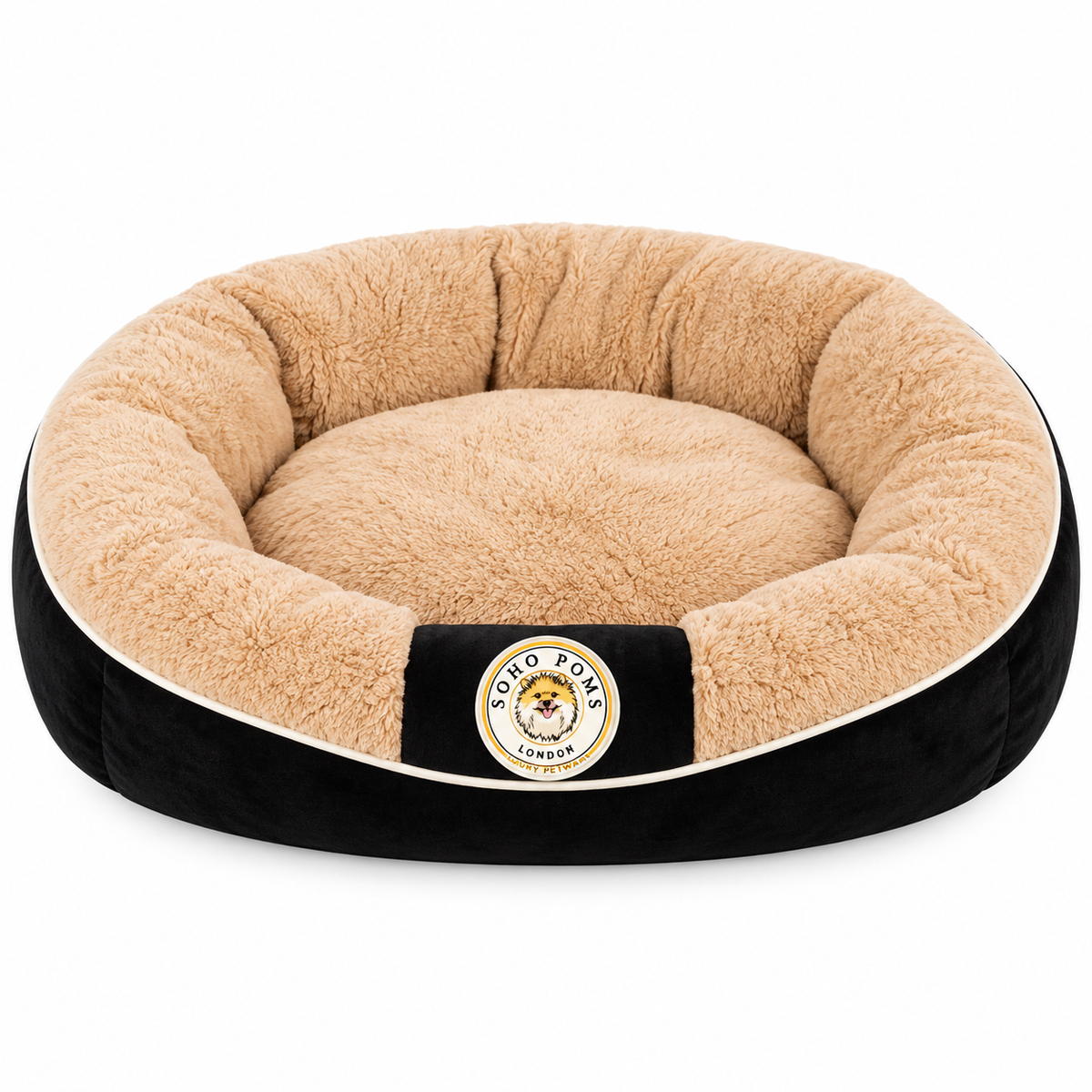 Panier Rond pour Chien et Chat en Fourrure Douce Beige et Noir Soho Poms London