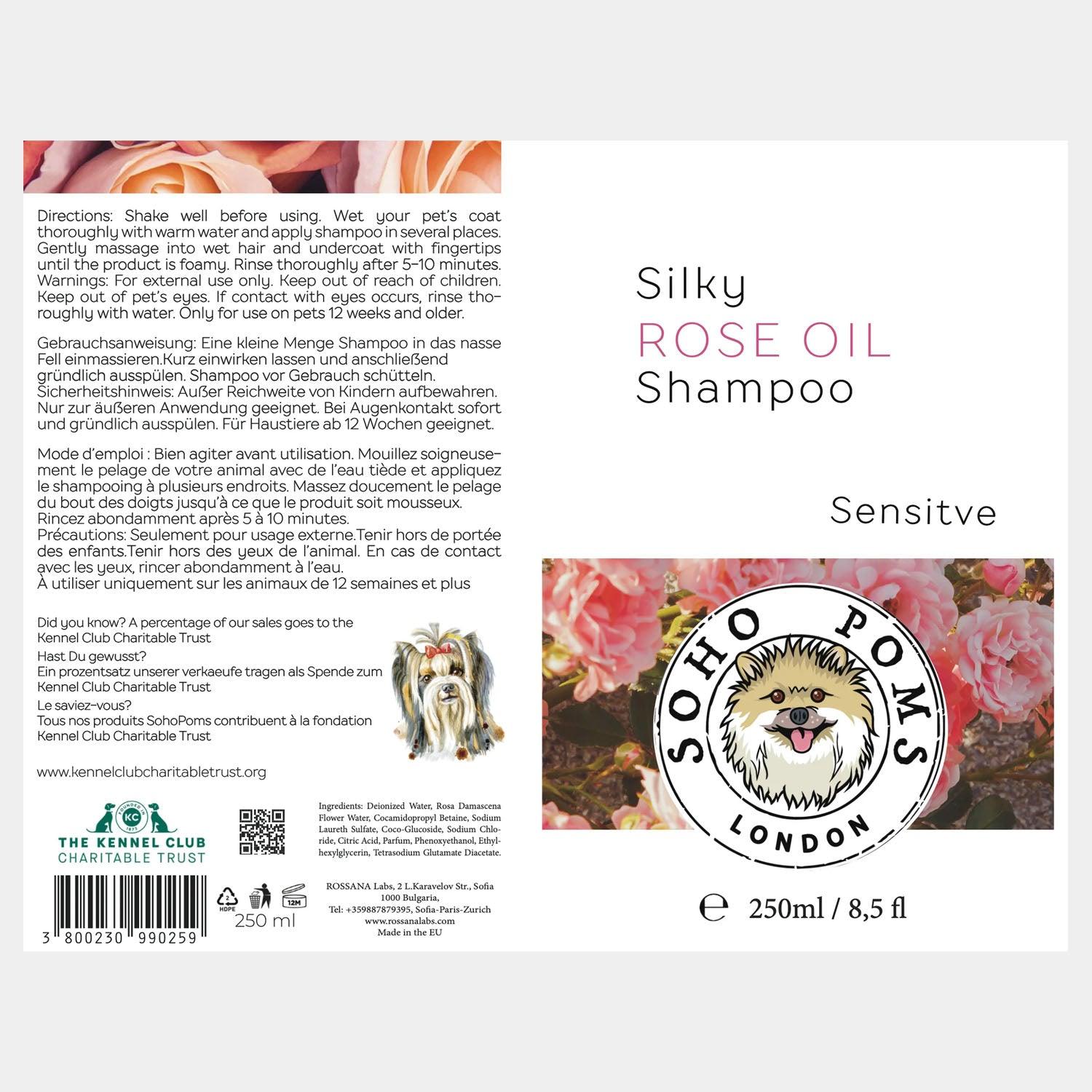 Shampoing Naturel pour Chien Huile de Rose 250ml par SohoPoms - Pom D&#39;Azur