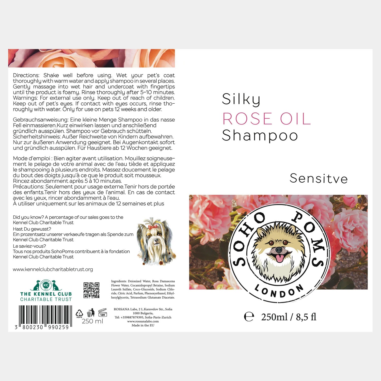 Shampoing Naturel pour Chien Huile de Rose 250ml par SohoPoms